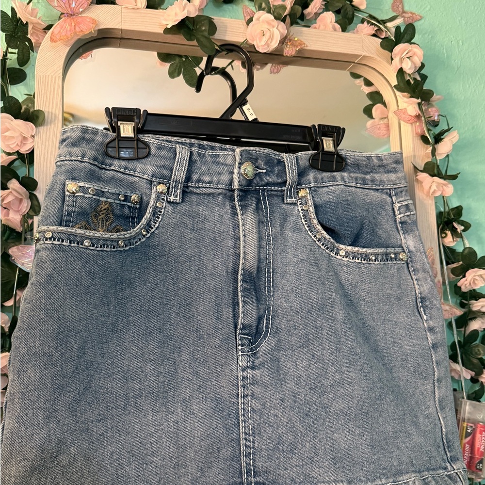 Denim Mini Skirt with Embellished Pockets